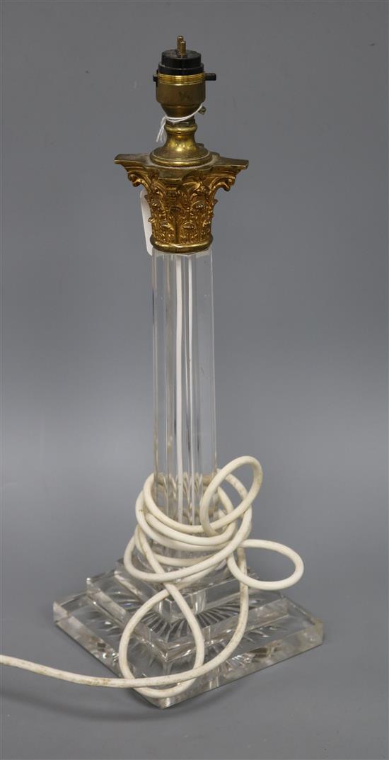 A Victorian glass oil lamp column converted to electricity height 34cm excl. electrical fittings